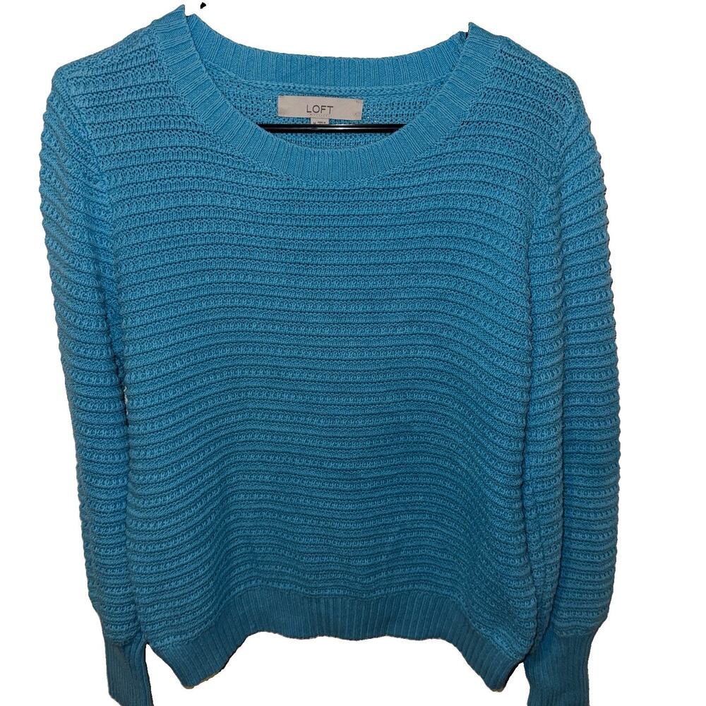 LOFT Blue Ribbed Knit Crewneck Long Sleeve Pullover Sweater Size M Cotton